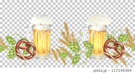 Beer frothy mugs surrounded by green hops, pretzels, and golden barley ears in watercolor. Seamless border clipart for Oktoberfest banners, beer festival flyers, pub decor, bottle labels, promotions 117248364