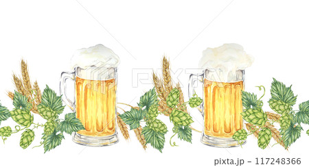 Beer frothy mugs surrounded by green hops, golden barley ears in watercolor. Seamless border clipart for Oktoberfest banners, beer festival flyers, pub decor, bottle labels, promotions 117248366