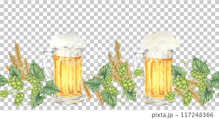 Beer frothy mugs surrounded by green hops, golden barley ears in watercolor. Seamless border clipart for Oktoberfest banners, beer festival flyers, pub decor, bottle labels, promotions 117248366