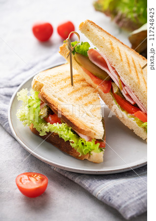 Club sandwich on a plate of ham cheese, cucumber, tomato and lettuce leaves close-up Club sandwich on a plate of ham cheese, cucumber, tomato and lettuce leaves close-up 117248425