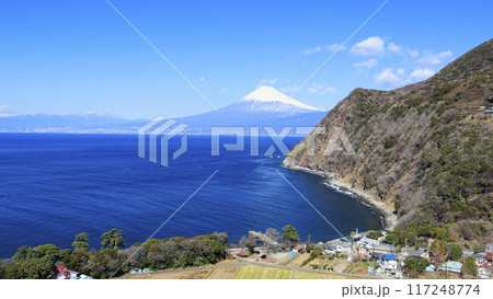 駿河湾越しに望む冠雪した富士山の山 117248774