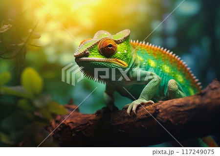 Close up of a large green chameleon sitting on a branch, generative ai 117249075