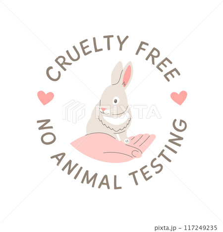 Cruelty free doodle hand drawn icon. No animal testing logo sticker for animal friendly product packaging. Cute cartoon rabbit on hand with text. Vegan eco cosmetics. Simple colorful round badge Cruelty free doodle hand drawn icon. No animal testing logo sticker for animal friendly product packaging. Cute cartoon rabbit on hand with text. Vegan eco cosmetics. Simple colorful round badge 117249235