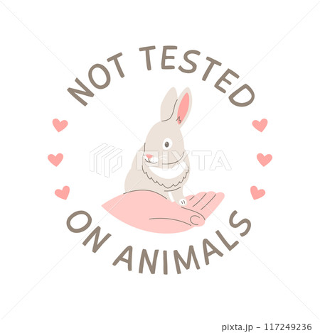 Cruelty free doodle hand drawn icon. Not tested on animals logo sticker for animal friendly product packaging. Cute cartoon rabbit on hand with text. Vegan eco cosmetics. Simple colorful round badge Cruelty free doodle hand drawn icon. Not tested on animals logo sticker for animal friendly product packaging. Cute cartoon rabbit on hand with text. Vegan eco cosmetics. Simple colorful round badge 117249236