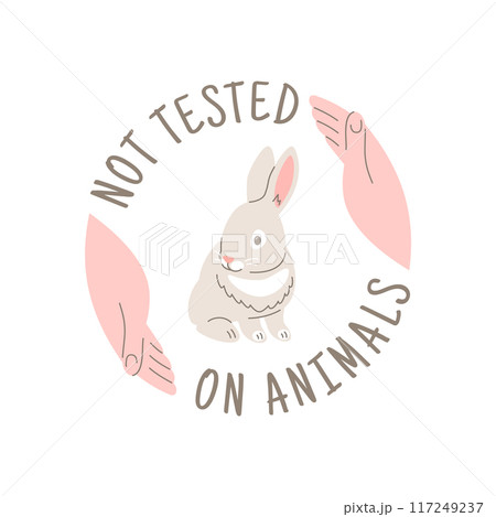 Cruelty free doodle hand drawn icon. Not tested on animals logo sticker for animal friendly product packaging. Cute cartoon rabbit in hands with text. Vegan eco cosmetics. Simple colorful round badge Cruelty free doodle hand drawn icon. Not tested on animals logo sticker for animal friendly product packaging. Cute cartoon rabbit in hands with text. Vegan eco cosmetics. Simple colorful round badge 117249237
