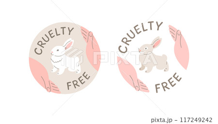 Cruelty free doodle hand drawn icon. Not tested on animals logo sticker for animal friendly product packaging. Cute cartoon rabbit in hands with text. Vegan eco cosmetics. Simple colorful round badge 117249242