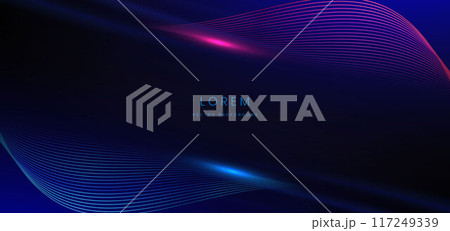 Abstract technology futuristic glowing neon blue and pink wave light lines with speed motion moving on dark blue background. 117249339