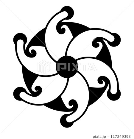 Six-pointed star, crop circle pattern. Structure in the shape of a pinwheel or a flower, with six petals, rotating counterclockwise. Modeled on a corn circle found in 2024 in Wiltshire. Illustration. 117249398