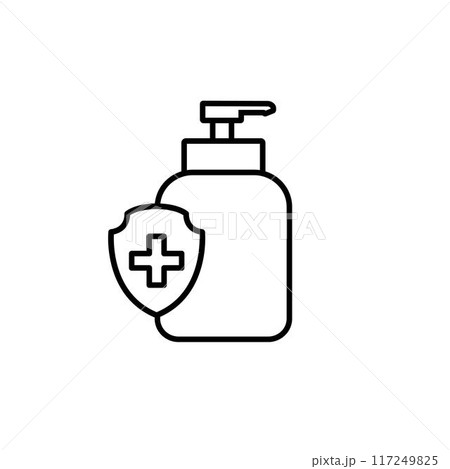Hand sanitizer sign vector line style silhouette isolated on white background. Sanitary antiseptic icon for hygiene virus and hand care. Washing hands, anti bacterial soap gel. 117249825