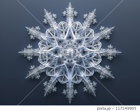 3D rendering of a snowflake with intricate details and a symmetrical design in the metallic material style of an artist 3D rendering of a snowflake with intricate details and a symmetrical design in the metallic material style of an artist 117249905