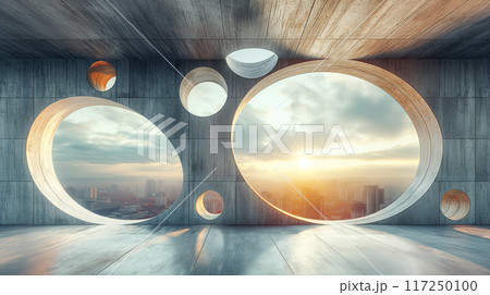 Modern Architectural Interior With Circular Windows Overlooking a City at Sunset. Generative AI 117250100