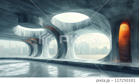 Modern Architectural Interior With Circular Windows Overlooking Urban Landscape at Dawn. Generative AI 117250101