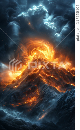 Volcanic Eruption With Ash Swirling Above. Generative AI 117250102