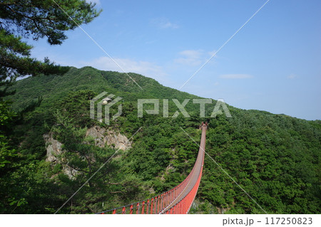 青空に映える紺岳山の赤い吊り橋 青空に映える紺岳山の赤い吊り橋 117250823