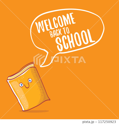 Back to school banner or poster with cartoon funky book and hand drawn doodle text label on orange backgrtound. Vector back to school background with cartoon school supplies 117250923