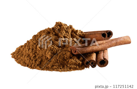 cinnamon sticks and cinnamon powder isolated on a white background. 117251142
