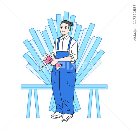 インパクトドライバーを持ちDIYをする男性のイラスト　巨匠 117251687
