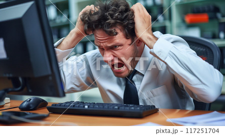 tired man under stress at work at the computer in the office tired man under stress at work at the computer in the office 117251704