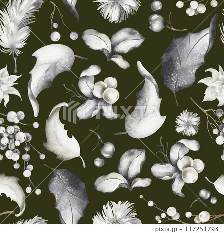 Christmas watercolor seamless pattern. Botanical winter drawing of berries, leaves, snowy plants on gray background. Festive New Year design for packaging and textile. Christmas watercolor seamless pattern. Botanical winter drawing of berries, leaves, snowy plants on gray background. Festive New Year design for packaging and textile. 117251793