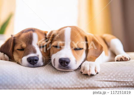 寄り添って寝る仔犬 117251819