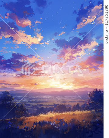 夜明けの太陽と野原と山のある風景 AI画像 夜明けの太陽と野原と山のある風景 AI画像 117251890