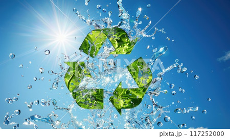 Recycling symbol icon with water droplets and circular frame, eco-friendly design with clear sky and sun. Icon representing the ecological call to recycle 117252000