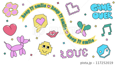 Bubble and Pixel Y2k retro sticker set. 90s trendy playful stickers and icons. Balloon Heart, Dog, Text and 8 bit icons. Naive Cartoon graffiti vector illustration, isolated on white background. Bubble and Pixel Y2k retro sticker set. 90s trendy playful stickers and icons. Balloon Heart, Dog, Text and 8 bit icons. Naive Cartoon graffiti vector illustration, isolated on white background. 117252019