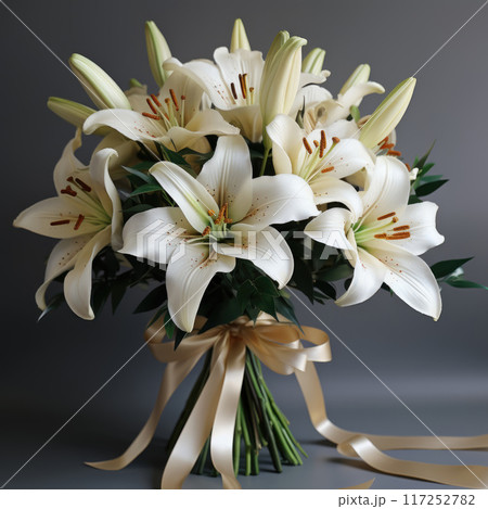 Delicate floral bouquet of white lilies tied with golden ribbon 117252782