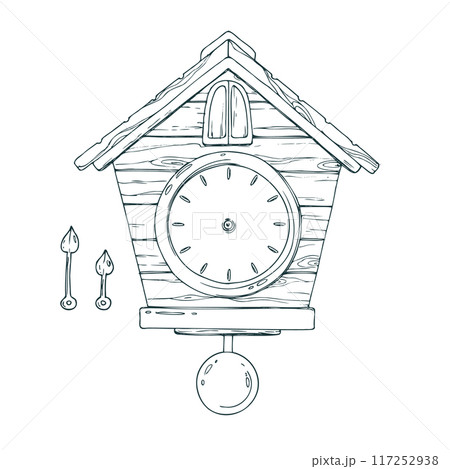 Wall clock with cuckoo, dial and hands, pendulum, wooden, antique. Line art is a simple hand-drawn illustration in black and white ink. Isolated vector EPS object. 117252938