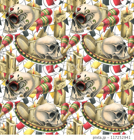 Human skulls, a sombrero hat, maracas, garland flags, candles and cobwebs. Hand drawn watercolor illustration for day of the dead, halloween, Dia de los muertos. Seamless pattern on white background 117252941