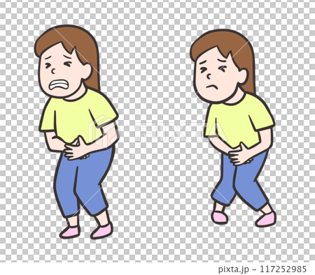 Set of illustrations of a woman with a stomach ache and a woman who is about to leak Set of illustrations of a woman with a stomach ache and a woman who is about to leak 117252985