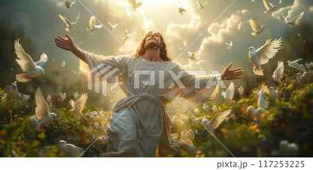 Jesus ascends into heaven, surrounded by a radiant glow and a flock of white doves. Jesus ascends into heaven, surrounded by a radiant glow and a flock of white doves. 117253225