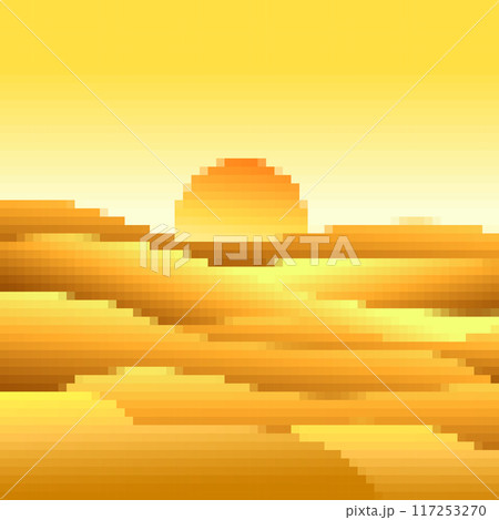 Desert landscape in pixel art style. Sun over sand dunes in the style of 8-bit retro graphics of the 80s and 90s. Pixel desert landscape. Design for printing banners and posters. Vector illustration 117253270