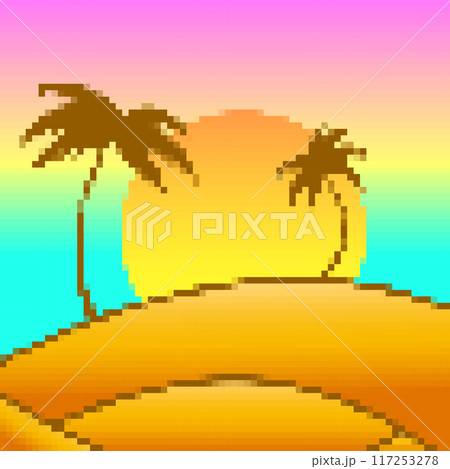 Pixel desert landscape with palm trees and sand dunes. Landscape with palm trees in the desert in the style of 8-bit graphics of retro games of the 80s-90s. Pixel art style. Vector illustration Pixel desert landscape with palm trees and sand dunes. Landscape with palm trees in the desert in the style of 8-bit graphics of retro games of the 80s-90s. Pixel art style. Vector illustration 117253278