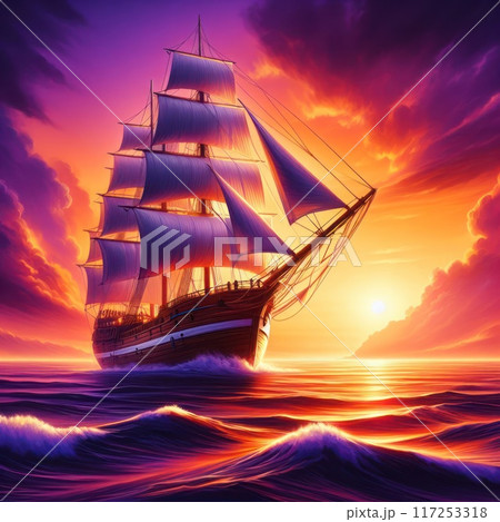 A beautiful sailing ship sailing against the background of a sunny sunset. A beautiful sailing ship sailing against the background of a sunny sunset. 117253318