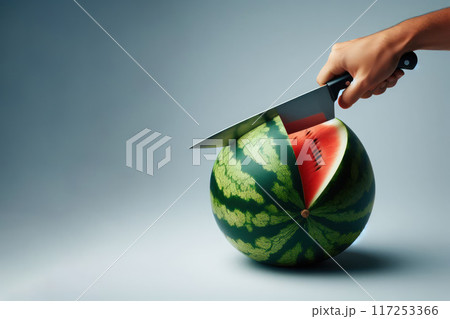 A knife cutting a watermelon. Space for text. 117253366