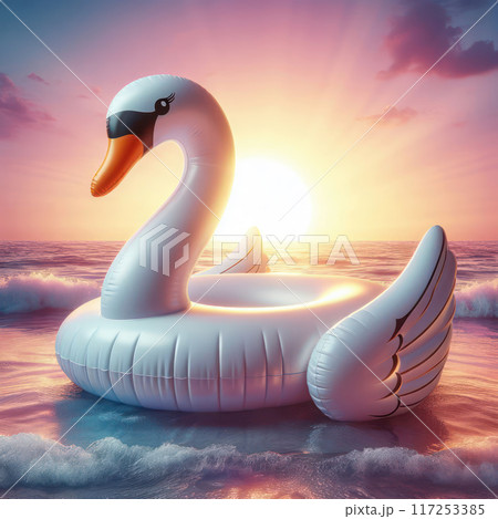 Floating inflatable swan on the background of the sunset. Floating inflatable swan on the background of the sunset. 117253385