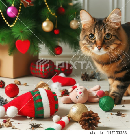 A cat with a guilty look near a Christmas tree among the scattered Christmas decorations. 117253388