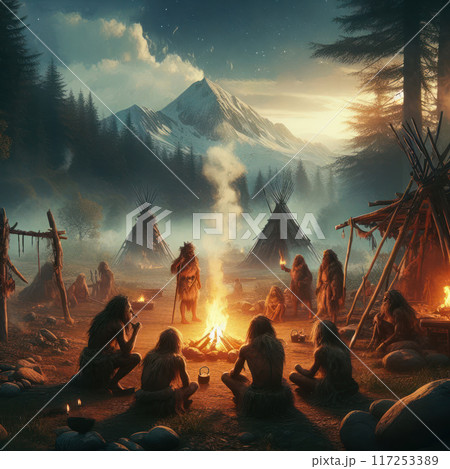 Primitive people sitting by the fire against the background of beautiful nature. Primitive people sitting by the fire against the background of beautiful nature. 117253389