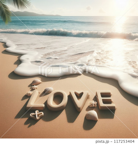 The inscription love on a sandy beach by the sea. The inscription love on a sandy beach by the sea. 117253404
