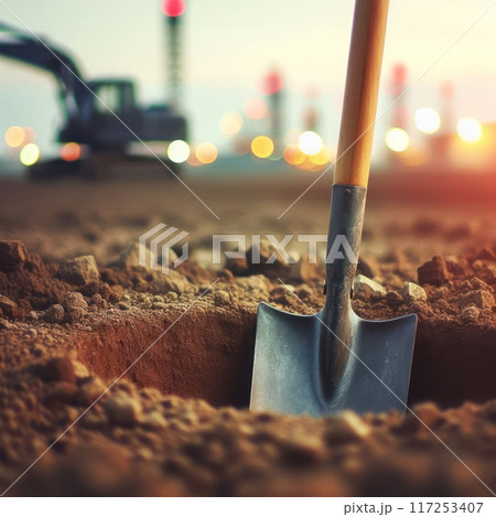 Close-up of a shovel lying in a hole. Close-up of a shovel lying in a hole. 117253407