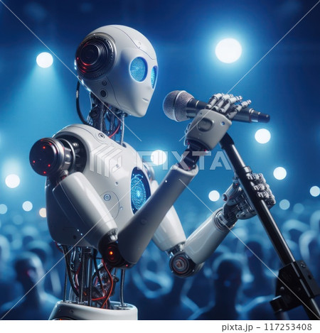 A robot stands at a microphone on stage. A robot stands at a microphone on stage. 117253408