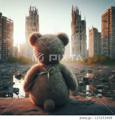 Sitting toy bear on the background of a ruined metropolis. Sitting toy bear on the background of a ruined metropolis. 117253409