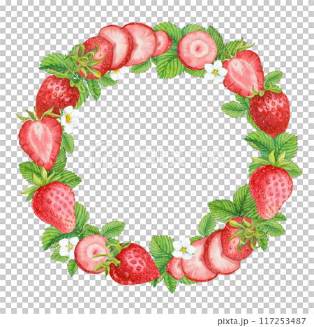 Round wreath of garden strawberries. Watercolor flowers and leaves of ripe red berries are collected in a round frame. Composition from farm strawberries to decorate an eco-product. rustic clipart. Round wreath of garden strawberries. Watercolor flowers and leaves of ripe red berries are collected in a round frame. Composition from farm strawberries to decorate an eco-product. rustic clipart. 117253487