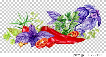 Kitchen herbs template. Rosemary, thyme, chili, basil, mint, bay leaf. Watercolor banner with space for text. Italian cuisine spices, linear composition on white background. Provence plants. 117253490