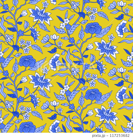 Seamless pattern with monochrome blue chinoiserie hand drawn motifs 117253682