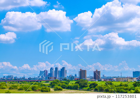 日本の東京都市景観 飛行機や夏空、緑溢れる多摩川や武蔵小杉駅前のタワマン群などを望む＝8月9日 117253801