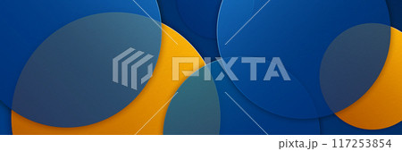 Blue and yellow abstract circle shapes background. Modern geometric shapes creative design. Minimalist style. Trendy texture. Suit for cover, wallpaper, header, backdrop, presentation, banner 117253854