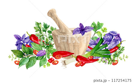 Wooden mortar and pestle for spices and aromatic herbs. Watercolor composition with basil, rosemary, parsley, dill, onion, garlic, cilantro, chili, paprika. Ingredients of Mediterranean cuisine. Wooden mortar and pestle for spices and aromatic herbs. Watercolor composition with basil, rosemary, parsley, dill, onion, garlic, cilantro, chili, paprika. Ingredients of Mediterranean cuisine. 117254175
