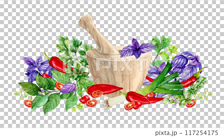 Wooden mortar and pestle for spices and aromatic herbs. Watercolor composition with basil, rosemary, parsley, dill, onion, garlic, cilantro, chili, paprika. Ingredients of Mediterranean cuisine. Wooden mortar and pestle for spices and aromatic herbs. Watercolor composition with basil, rosemary, parsley, dill, onion, garlic, cilantro, chili, paprika. Ingredients of Mediterranean cuisine. 117254175